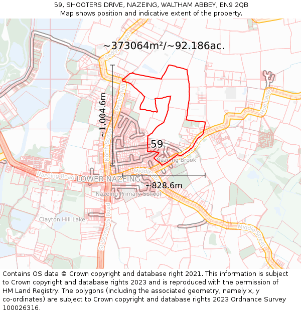 59, SHOOTERS DRIVE, NAZEING, WALTHAM ABBEY, EN9 2QB: Plot and title map