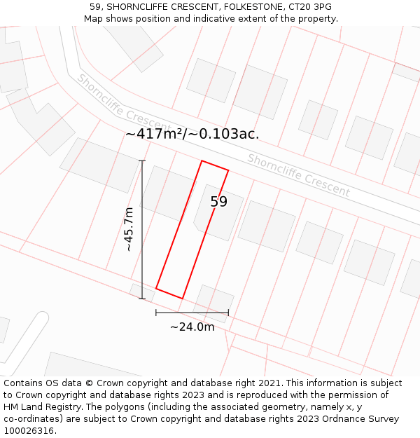 59, SHORNCLIFFE CRESCENT, FOLKESTONE, CT20 3PG: Plot and title map