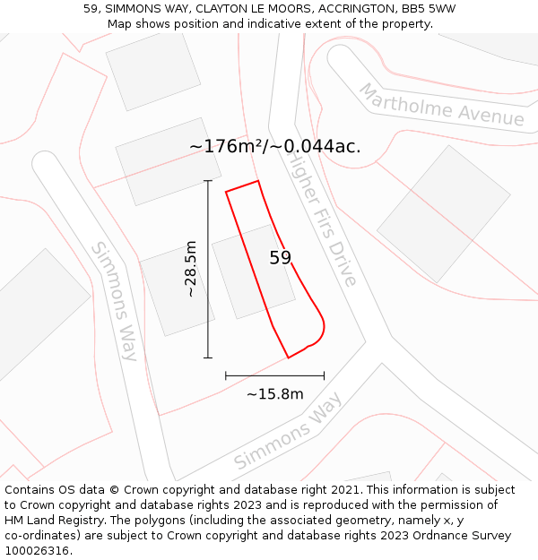 59, SIMMONS WAY, CLAYTON LE MOORS, ACCRINGTON, BB5 5WW: Plot and title map