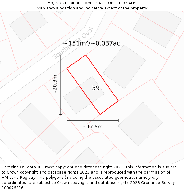 59, SOUTHMERE OVAL, BRADFORD, BD7 4HS: Plot and title map