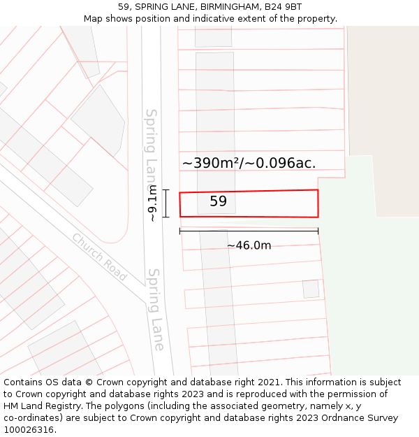59, SPRING LANE, BIRMINGHAM, B24 9BT: Plot and title map