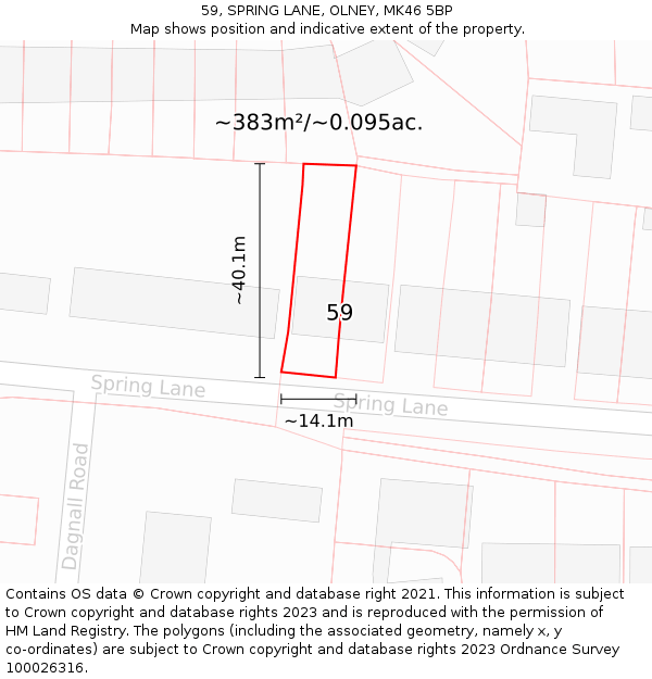59, SPRING LANE, OLNEY, MK46 5BP: Plot and title map