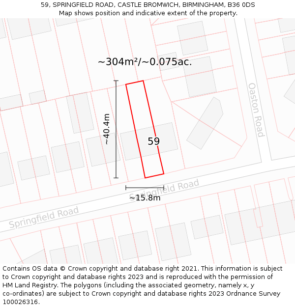 59, SPRINGFIELD ROAD, CASTLE BROMWICH, BIRMINGHAM, B36 0DS: Plot and title map