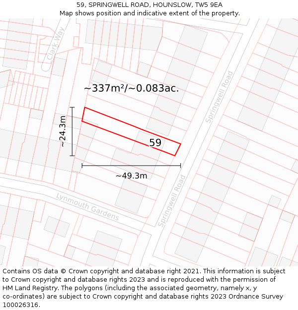 59, SPRINGWELL ROAD, HOUNSLOW, TW5 9EA: Plot and title map