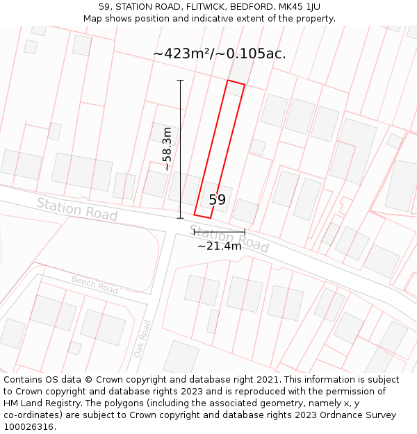 59, STATION ROAD, FLITWICK, BEDFORD, MK45 1JU: Plot and title map