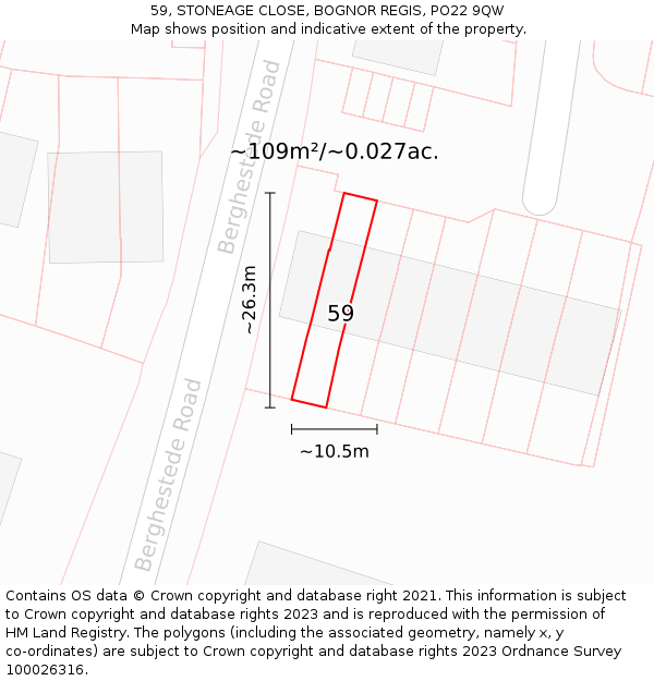 59, STONEAGE CLOSE, BOGNOR REGIS, PO22 9QW: Plot and title map