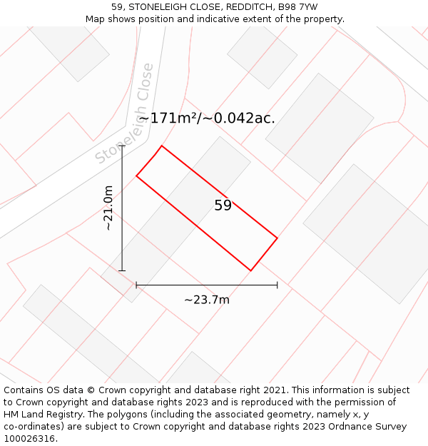 59, STONELEIGH CLOSE, REDDITCH, B98 7YW: Plot and title map