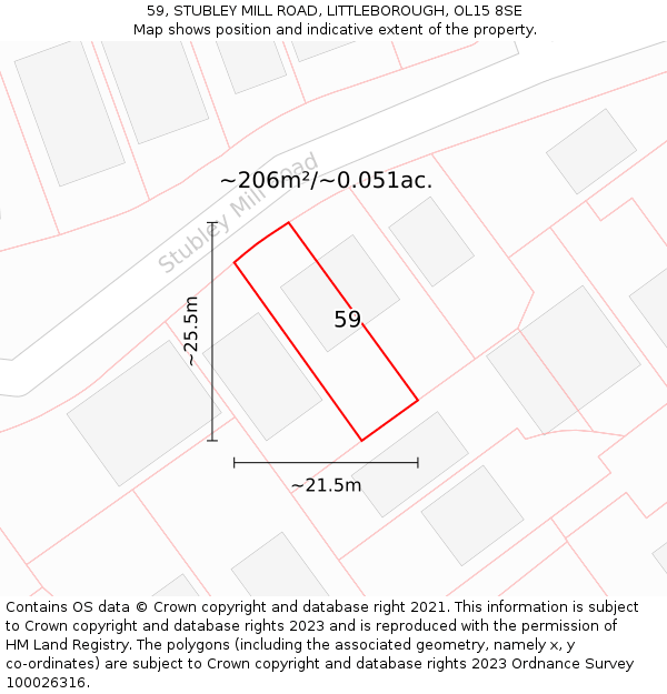 59, STUBLEY MILL ROAD, LITTLEBOROUGH, OL15 8SE: Plot and title map
