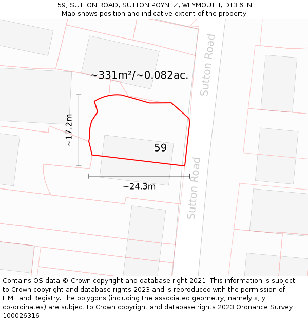 59, SUTTON ROAD, SUTTON POYNTZ, WEYMOUTH, DT3 6LN: Plot and title map