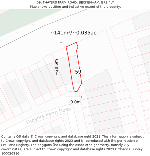59, THAYERS FARM ROAD, BECKENHAM, BR3 4LY: Plot and title map