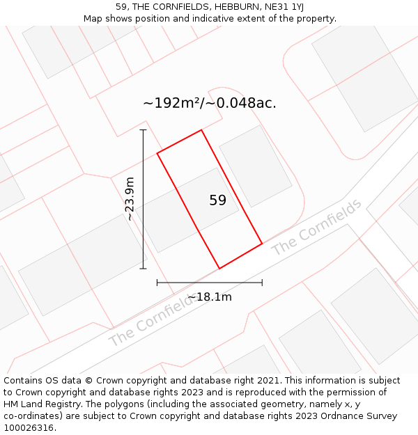 59, THE CORNFIELDS, HEBBURN, NE31 1YJ: Plot and title map