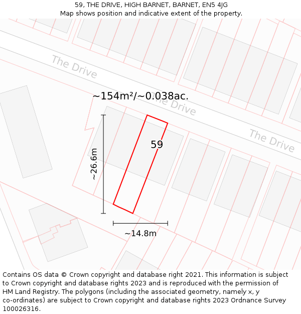 59, THE DRIVE, HIGH BARNET, BARNET, EN5 4JG: Plot and title map
