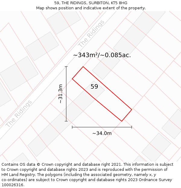 59, THE RIDINGS, SURBITON, KT5 8HG: Plot and title map