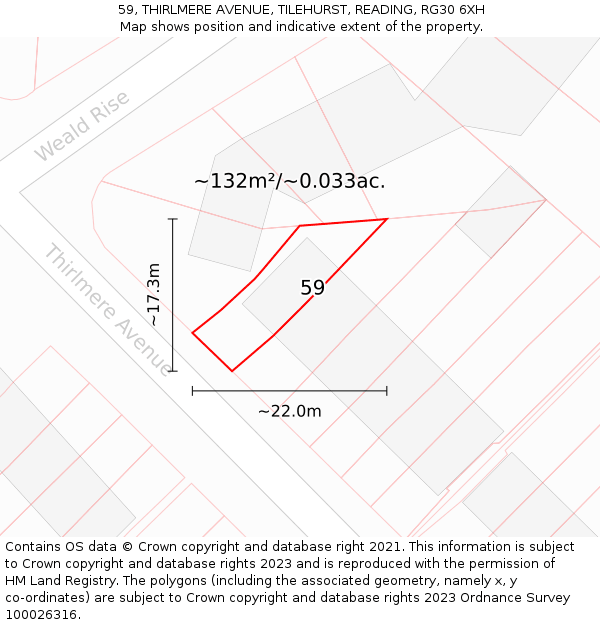 59, THIRLMERE AVENUE, TILEHURST, READING, RG30 6XH: Plot and title map