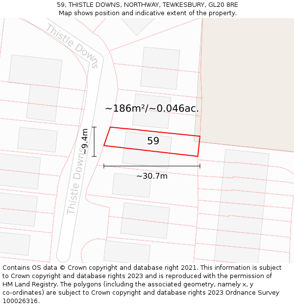 59, THISTLE DOWNS, NORTHWAY, TEWKESBURY, GL20 8RE: Plot and title map