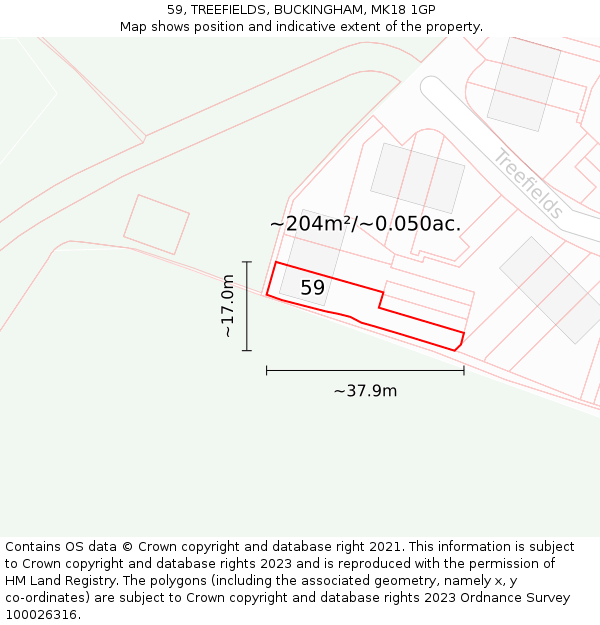 59, TREEFIELDS, BUCKINGHAM, MK18 1GP: Plot and title map