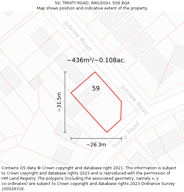 59, TRINITY ROAD, RAYLEIGH, SS6 8QA: Plot and title map
