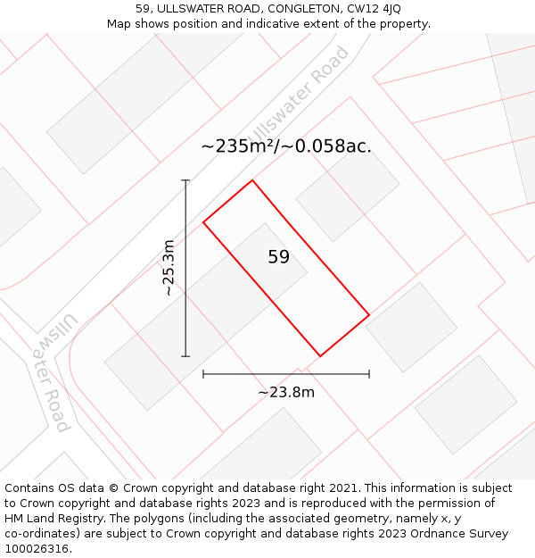 59, ULLSWATER ROAD, CONGLETON, CW12 4JQ: Plot and title map