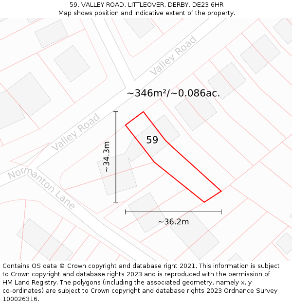 59, VALLEY ROAD, LITTLEOVER, DERBY, DE23 6HR: Plot and title map