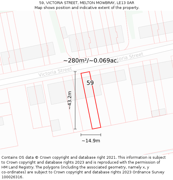 59, VICTORIA STREET, MELTON MOWBRAY, LE13 0AR: Plot and title map