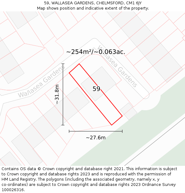 59, WALLASEA GARDENS, CHELMSFORD, CM1 6JY: Plot and title map