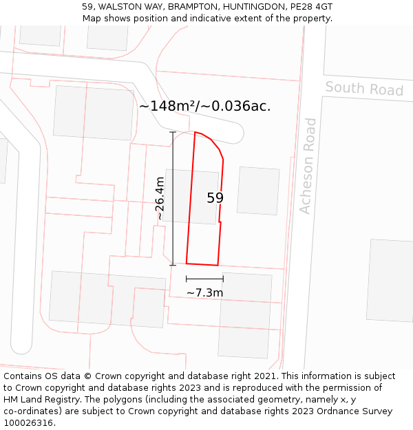 59, WALSTON WAY, BRAMPTON, HUNTINGDON, PE28 4GT: Plot and title map