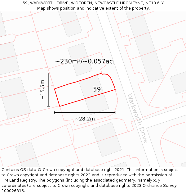 59, WARKWORTH DRIVE, WIDEOPEN, NEWCASTLE UPON TYNE, NE13 6LY: Plot and title map