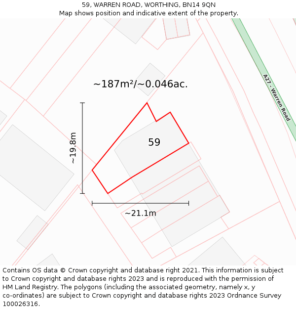 59, WARREN ROAD, WORTHING, BN14 9QN: Plot and title map