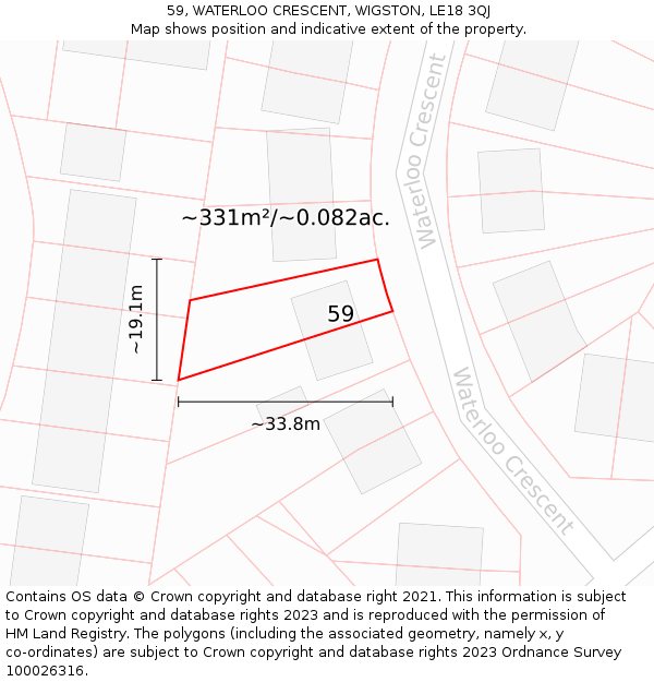 59, WATERLOO CRESCENT, WIGSTON, LE18 3QJ: Plot and title map
