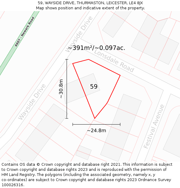 59, WAYSIDE DRIVE, THURMASTON, LEICESTER, LE4 8JX: Plot and title map