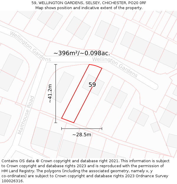 59, WELLINGTON GARDENS, SELSEY, CHICHESTER, PO20 0RF: Plot and title map