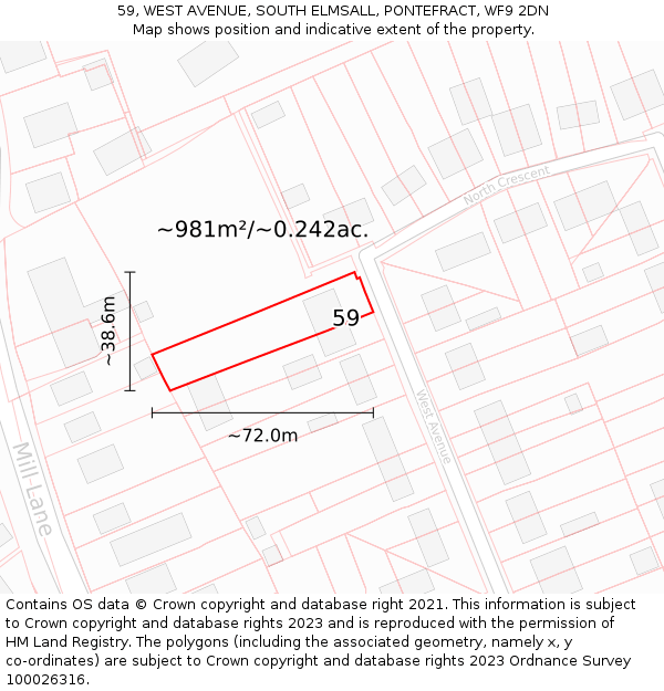 59, WEST AVENUE, SOUTH ELMSALL, PONTEFRACT, WF9 2DN: Plot and title map