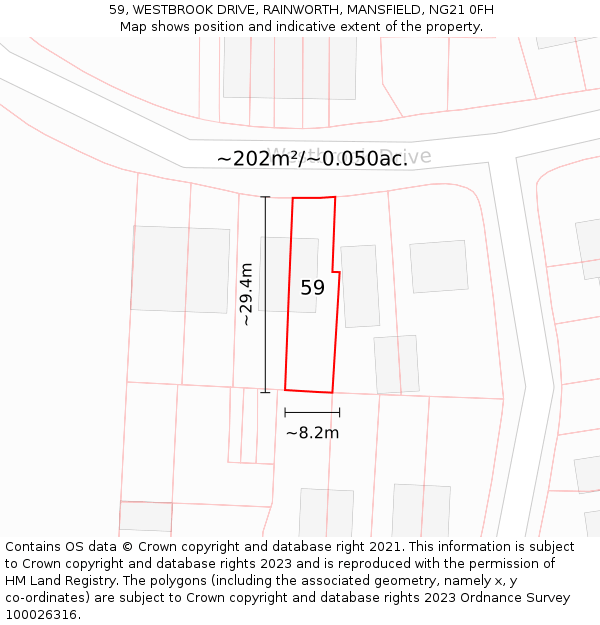 59, WESTBROOK DRIVE, RAINWORTH, MANSFIELD, NG21 0FH: Plot and title map