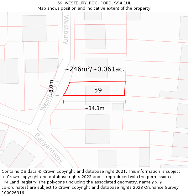 59, WESTBURY, ROCHFORD, SS4 1UL: Plot and title map