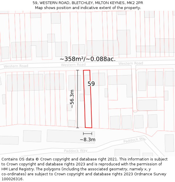 59, WESTERN ROAD, BLETCHLEY, MILTON KEYNES, MK2 2PR: Plot and title map