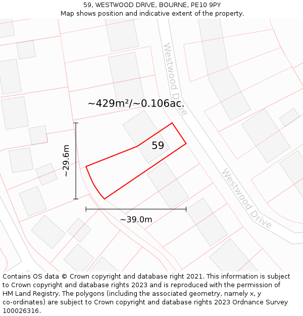 59, WESTWOOD DRIVE, BOURNE, PE10 9PY: Plot and title map