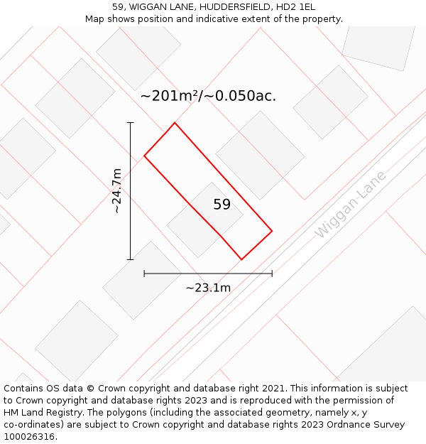 59, WIGGAN LANE, HUDDERSFIELD, HD2 1EL: Plot and title map