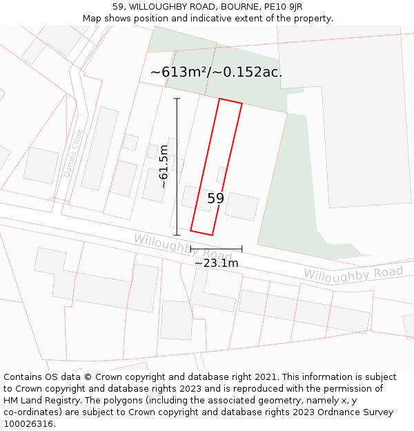 59, WILLOUGHBY ROAD, BOURNE, PE10 9JR: Plot and title map