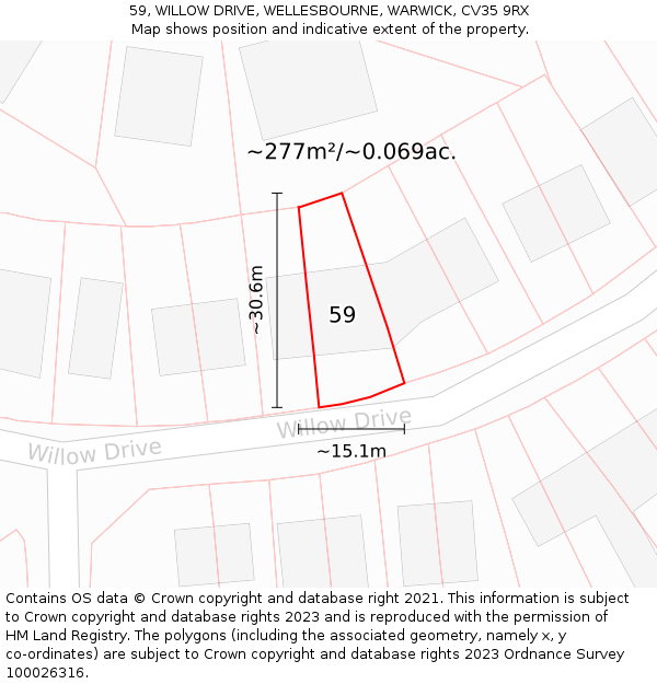59, WILLOW DRIVE, WELLESBOURNE, WARWICK, CV35 9RX: Plot and title map