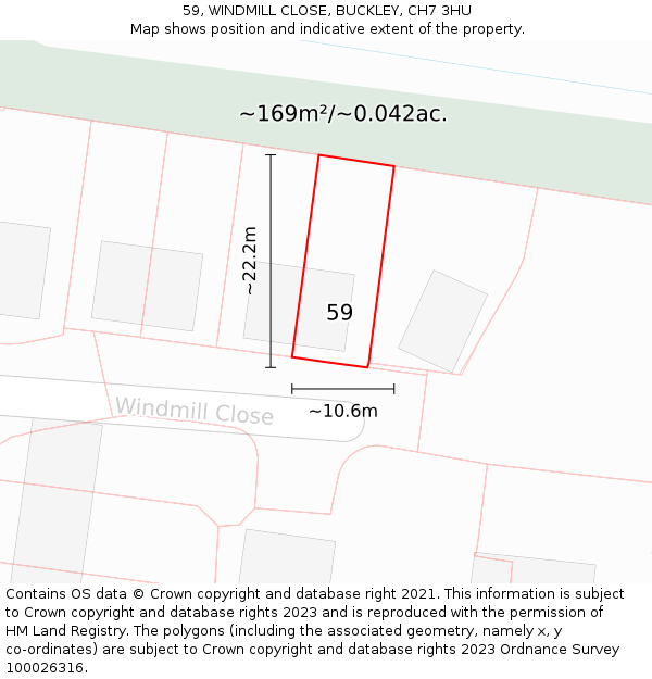 59, WINDMILL CLOSE, BUCKLEY, CH7 3HU: Plot and title map