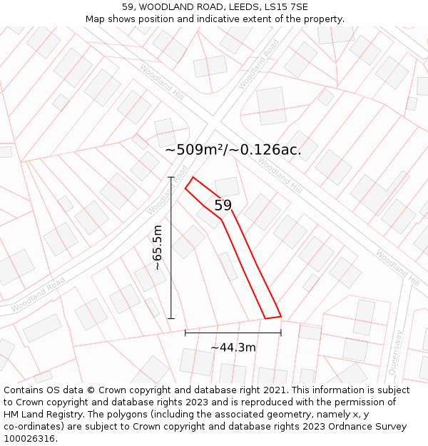 59, WOODLAND ROAD, LEEDS, LS15 7SE: Plot and title map