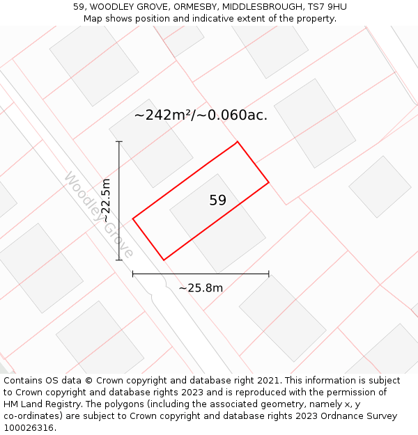 59, WOODLEY GROVE, ORMESBY, MIDDLESBROUGH, TS7 9HU: Plot and title map