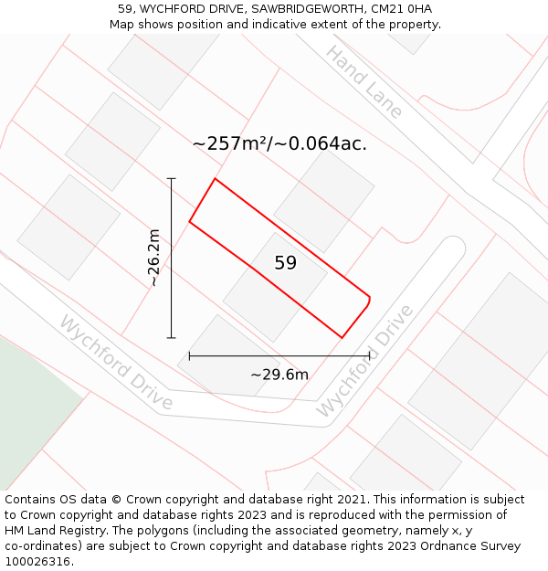 59, WYCHFORD DRIVE, SAWBRIDGEWORTH, CM21 0HA: Plot and title map