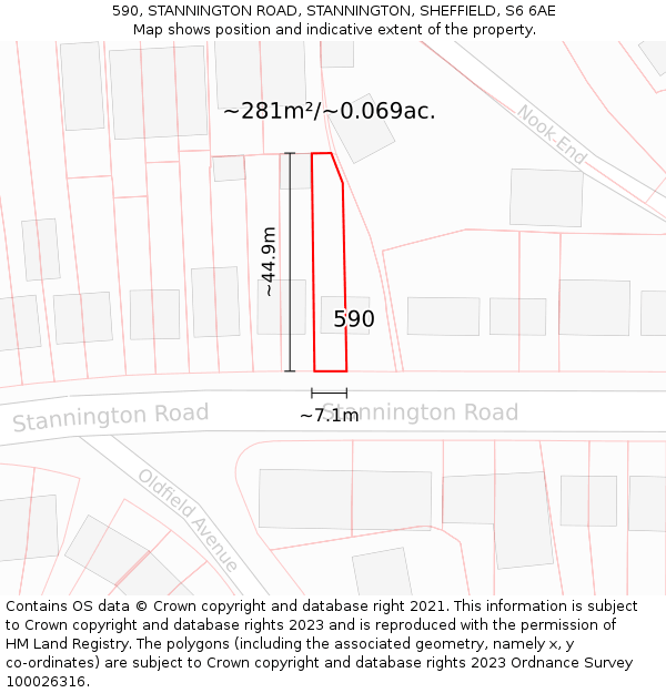 590, STANNINGTON ROAD, STANNINGTON, SHEFFIELD, S6 6AE: Plot and title map
