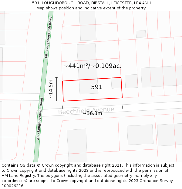 591, LOUGHBOROUGH ROAD, BIRSTALL, LEICESTER, LE4 4NH: Plot and title map
