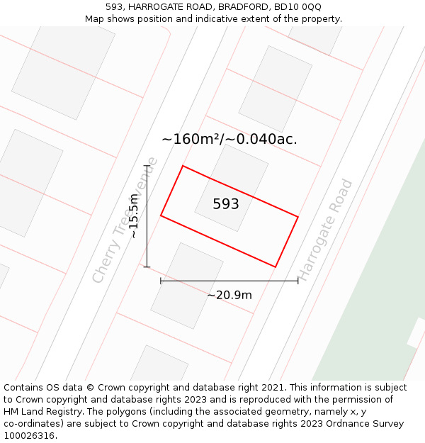 593, HARROGATE ROAD, BRADFORD, BD10 0QQ: Plot and title map