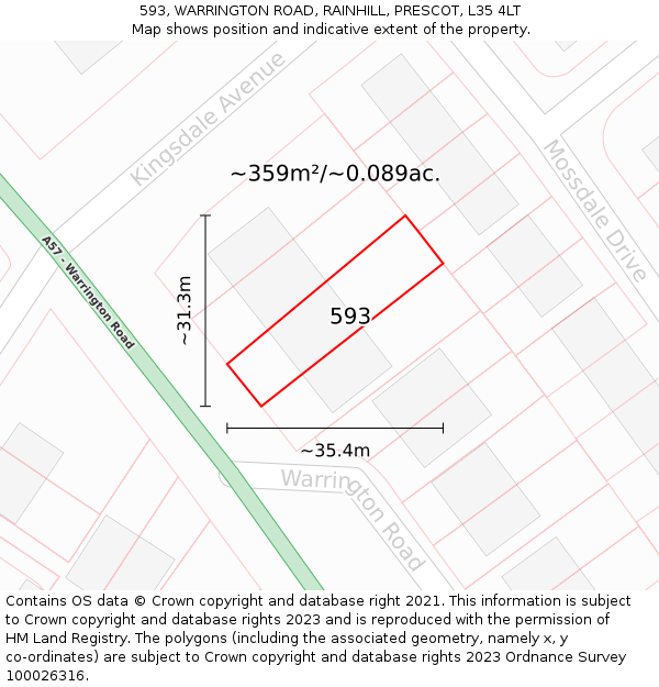 593, WARRINGTON ROAD, RAINHILL, PRESCOT, L35 4LT: Plot and title map