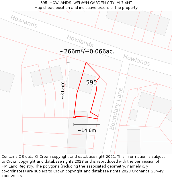 595, HOWLANDS, WELWYN GARDEN CITY, AL7 4HT: Plot and title map