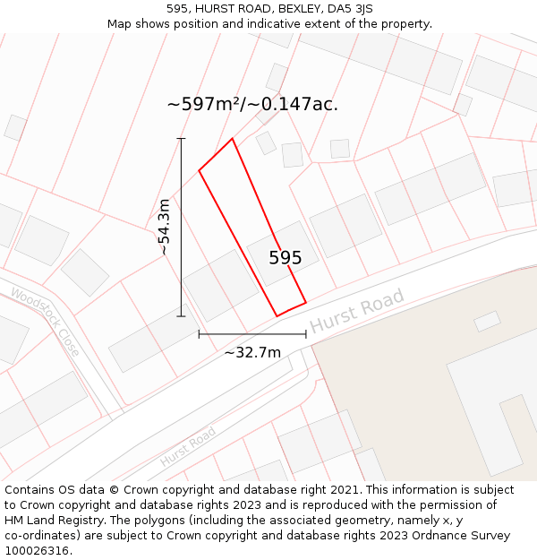 595, HURST ROAD, BEXLEY, DA5 3JS: Plot and title map