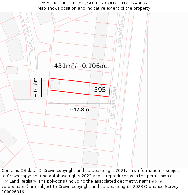 595, LICHFIELD ROAD, SUTTON COLDFIELD, B74 4EG: Plot and title map